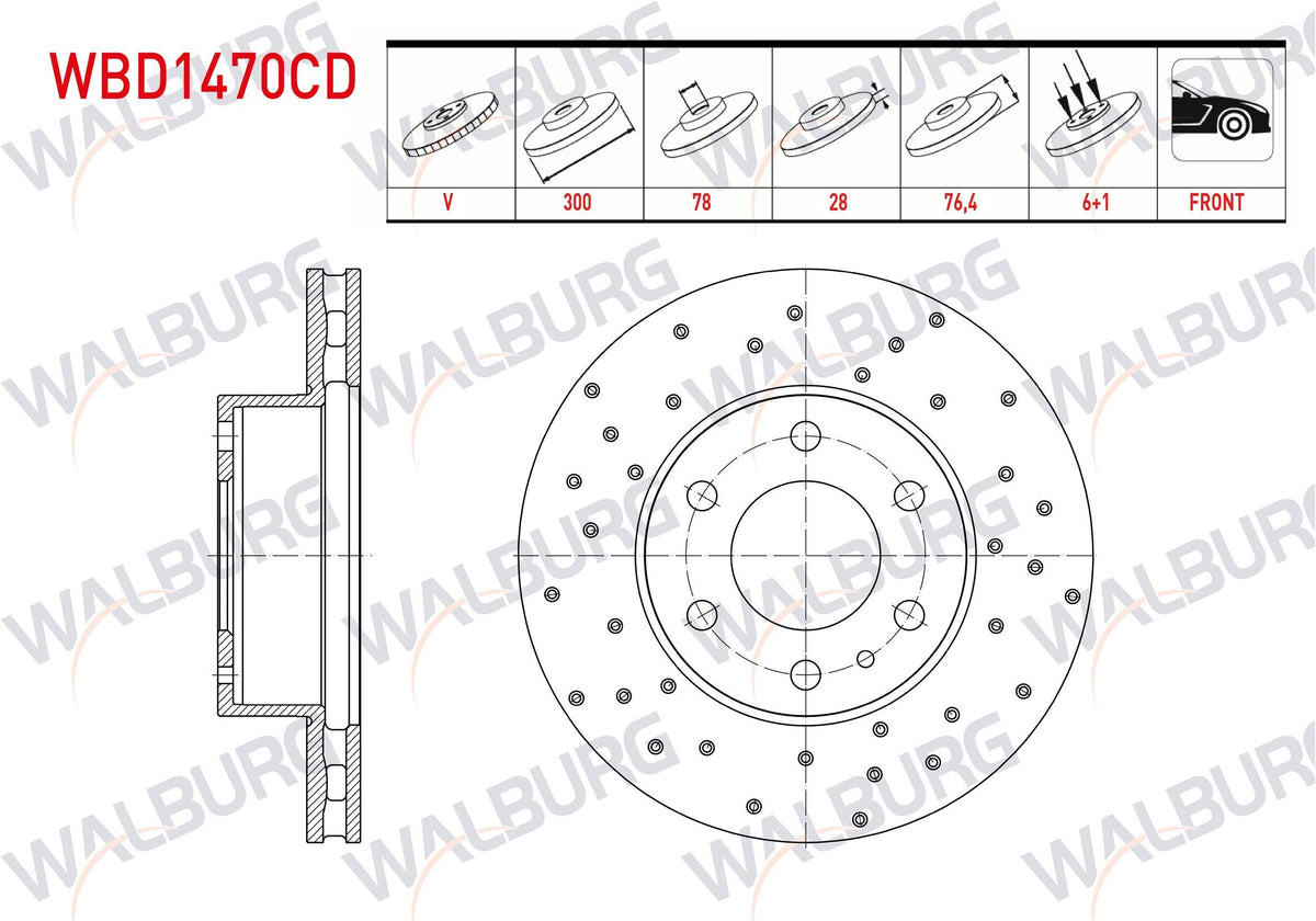 WALBURG WBD1470CD Brake Disc Front Air Coated Performance Drilled 6 Bjn 300X28x78x76 — Brake Rotors & Drums