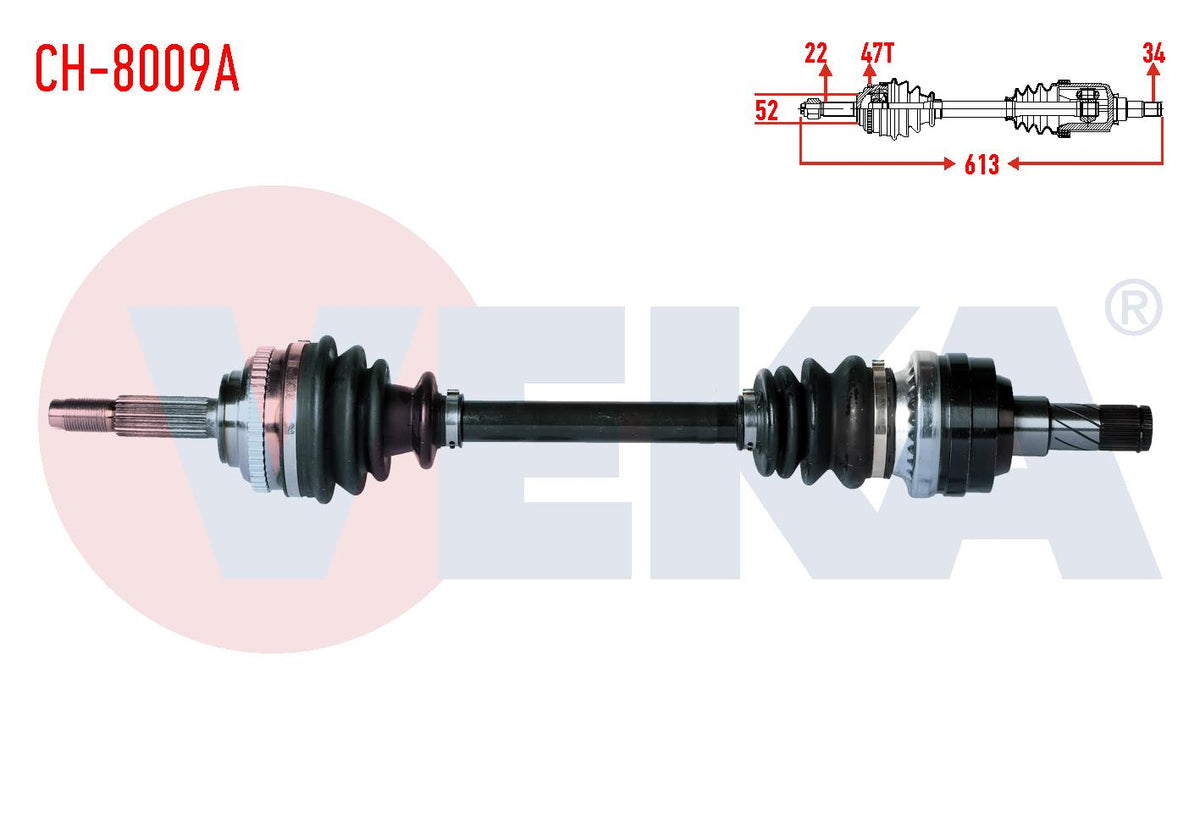 Veka CH-8009A Complete Axle Left Front Chevrolet Kalos (T200) 1.4 ABS li 47 Outer M-T Length 613mm — Axles, CV Joints & Boots