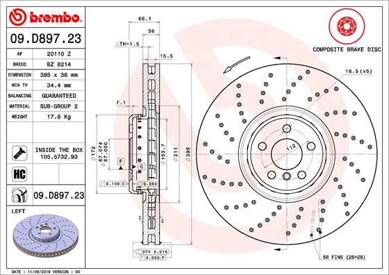 Brembo 09.D897.23 Brake Disc Front Left BMW 5 G30 G31 6 G32 7 G11 G12 8 G14 G15 M5 G30 M Sport — Brake Rotors & Drums