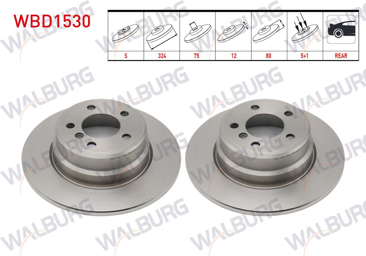 WALBURG WBD1530 Brake Disc Rear Straight BMW X5 (E53) 3.0 D 5 Bjn 324X12x75x80 2000-2007 — Brake Rotors & Drums