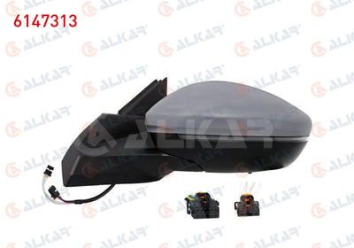 Alkar 6147313 Outer Rear View Mirror Left Electric Heated Primed Automatic Folding with Turn Sign — Tail, Signal & Reflectors