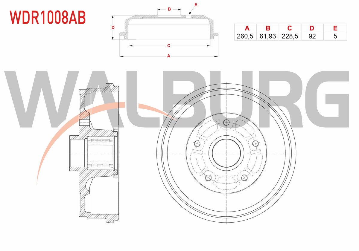 WALBURG WDR1008AB Brake Drum Rear with Bearing ABS Okuyuculu 5 Hole 260, 5X61 and 2 more models — Brake Rotors & Drums