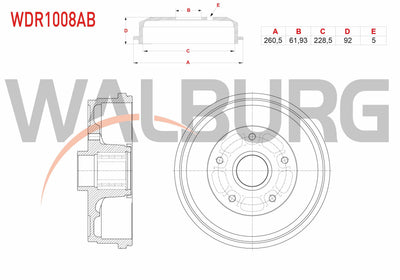 WALBURG WDR1008AB Brake Drum Rear with Bearing ABS Okuyuculu 5 Hole 260, 5X61 and 2 more models — Brake Rotors & Drums