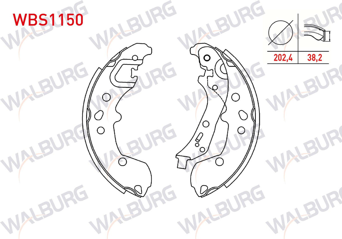 WALBURG WBS1150 Brake Shoe Rear with Lever 202,4X38 — Brake Cables & Hardware