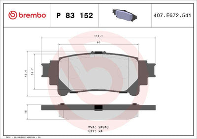 Brembo P83152 Brake Pad Set Rear Toyota Prius Plus 1.8 Hybrid — Brake Pads