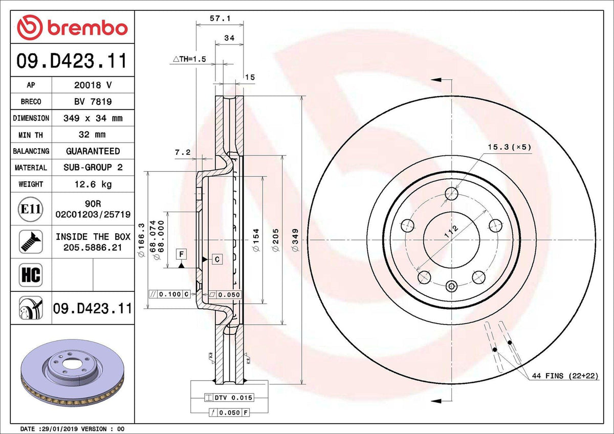 Brembo 09.D423.11 Brake Disc Front VW Touareg 15>, Audi A4/A5/A6/A8, Q5/Q7 — Brake Rotors & Drums