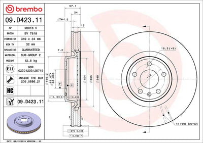 Brembo 09.D423.11 Brake Disc Front VW Touareg 15>, Audi A4/A5/A6/A8, Q5/Q7 — Brake Rotors & Drums