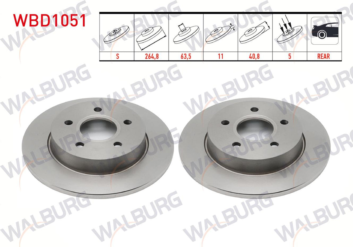 WALBURG WBD1051 Brake Disc Rear Straight 5 Bjn 264, 8X11x63 and 2 more models — Brake Rotors & Drums