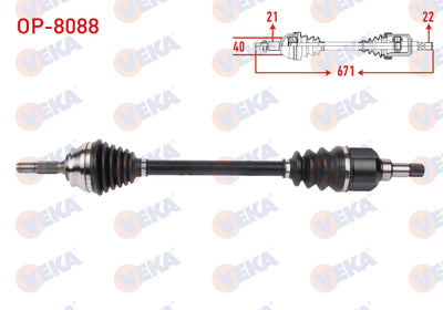 Veka OP-8088 Complete Axle Left Front Length 671mm Opel Corsa F 1.2 2019-/ Peugeot 208 1.2 Puretec — Axles, CV Joints & Boots