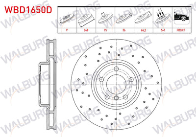 WALBURG WBD1650D Brake Disc Front Right Air Performance Drilled 5 Bjn 348X36x75x66 — Brake Rotors & Drums