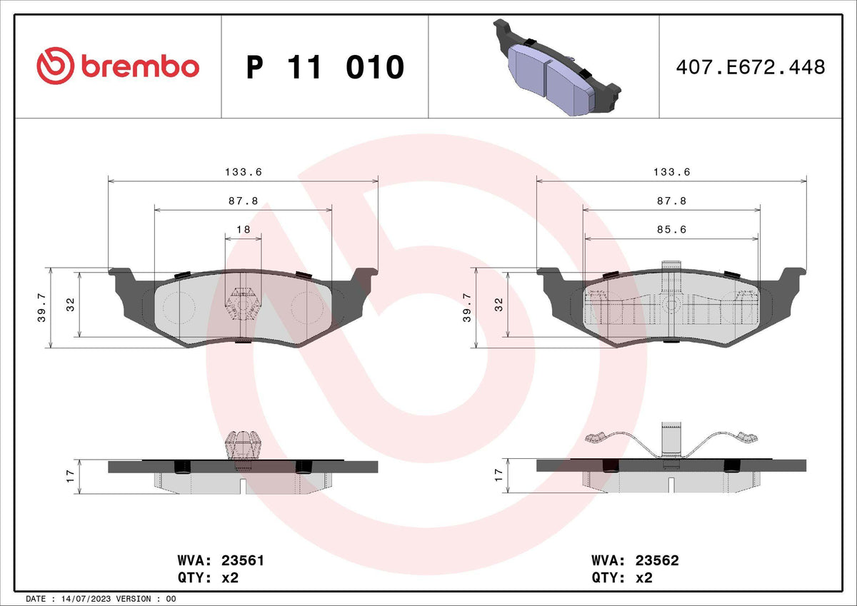 Brembo P11010 Brake Pad Rear Low-Met Chrysler — Brake Pads
