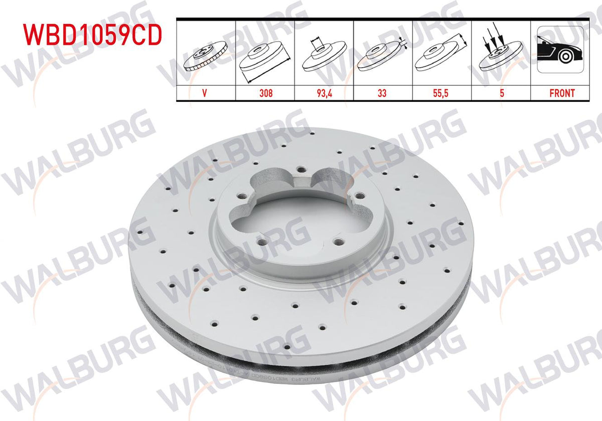WALBURG WBD1059CD Brake Disc Front Air Coated Performance Drilled 5 Bjn 308X33x93,4X55 — Brake Rotors & Drums