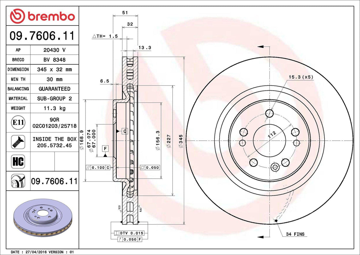 Brembo 09.7606.11 Brake Disc Front UV Coated Mercedes-Benz 163 98-05 — Brake Rotors & Drums