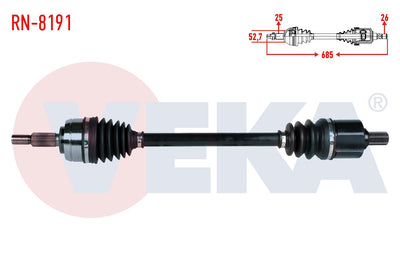 Veka RN-8191 Complete Axle Left Front Renault Fluence (L30) 1.6 16V A-T Length 685mm 2009 — Axles, CV Joints & Boots