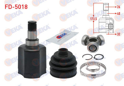 Veka FD-5018 CV Joint Left Front Inner Ford Focus 1.6 TDCi A-T 26X32x40 Length 173,5 mm 2015 — Axles, CV Joints & Boots