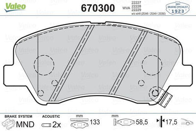 Valeo 670300 Brake Pad Front 12 Accent.Blue-Rio Hyundai Accent Blue 12 / 14 / i20 12 / Hyundai H350 15 / 2.5 CRD — Brake Pads