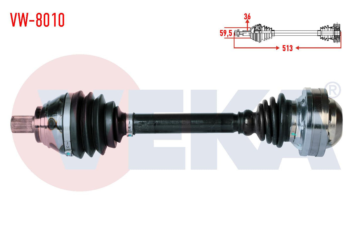 Veka VW-8010 Complete Axle Left Front Length 513mm Volkswagen Caddy III 1.9 TDI 04-10 / Jetta IV 1 — Axles, CV Joints & Boots