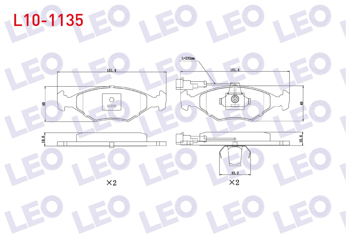 LEO L10-1135 Brake Pad Front with Connector Fiat Palio 1.2i 16V 1996-2005 / Palio 1.4i 1996-2005 / Palio 1.6i 16 — Brake Pads