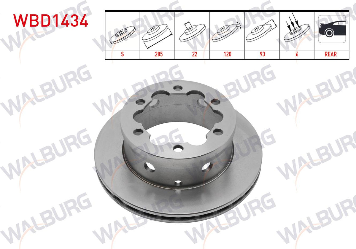 WALBURG WBD1434 Brake Disc Rear Air 6 Bjn 285X22x120x93 M.Benz Sprinter 208 CDI-211 CDI / 308 CDI-311 — Brake Rotors & Drums