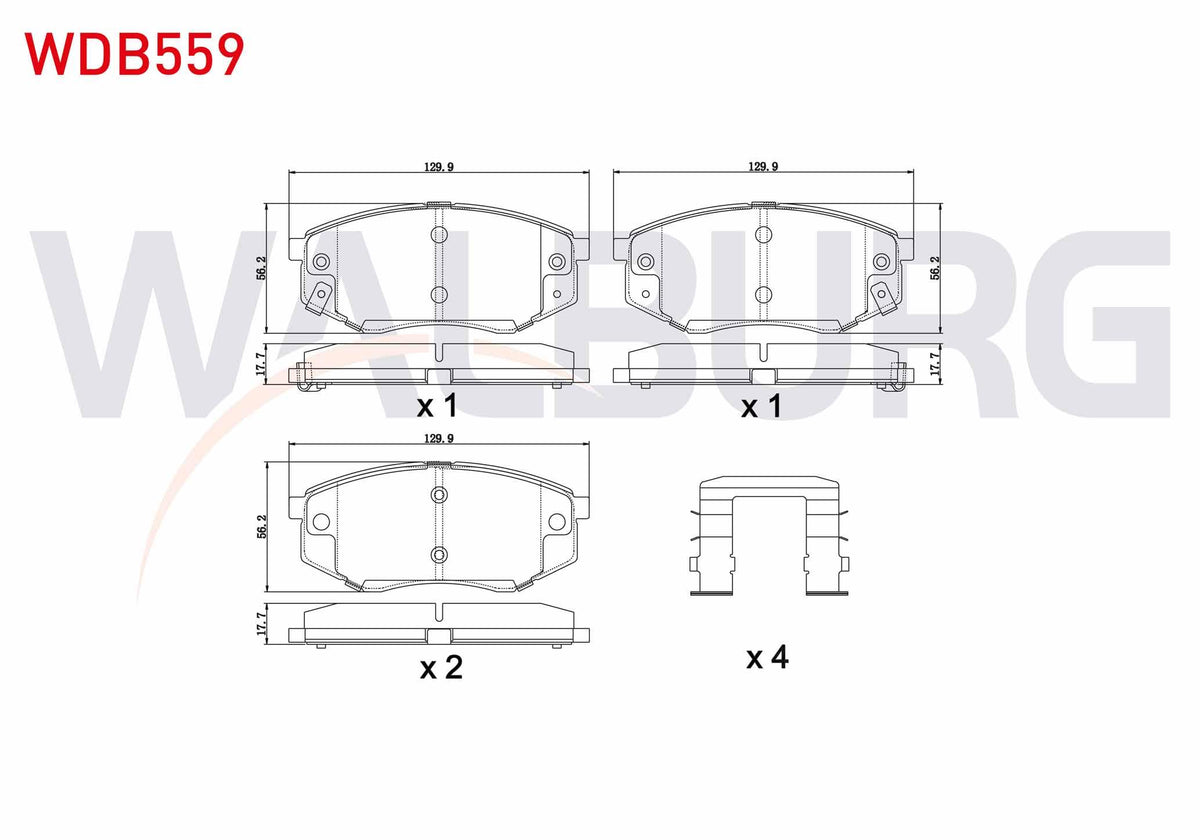 WALBURG WDB559 Brake Pad with Wear Indicator Front Hyundai Ix35 (Lm) 2.0 CRDi 18 Rim 4X4 17.60mm 2010