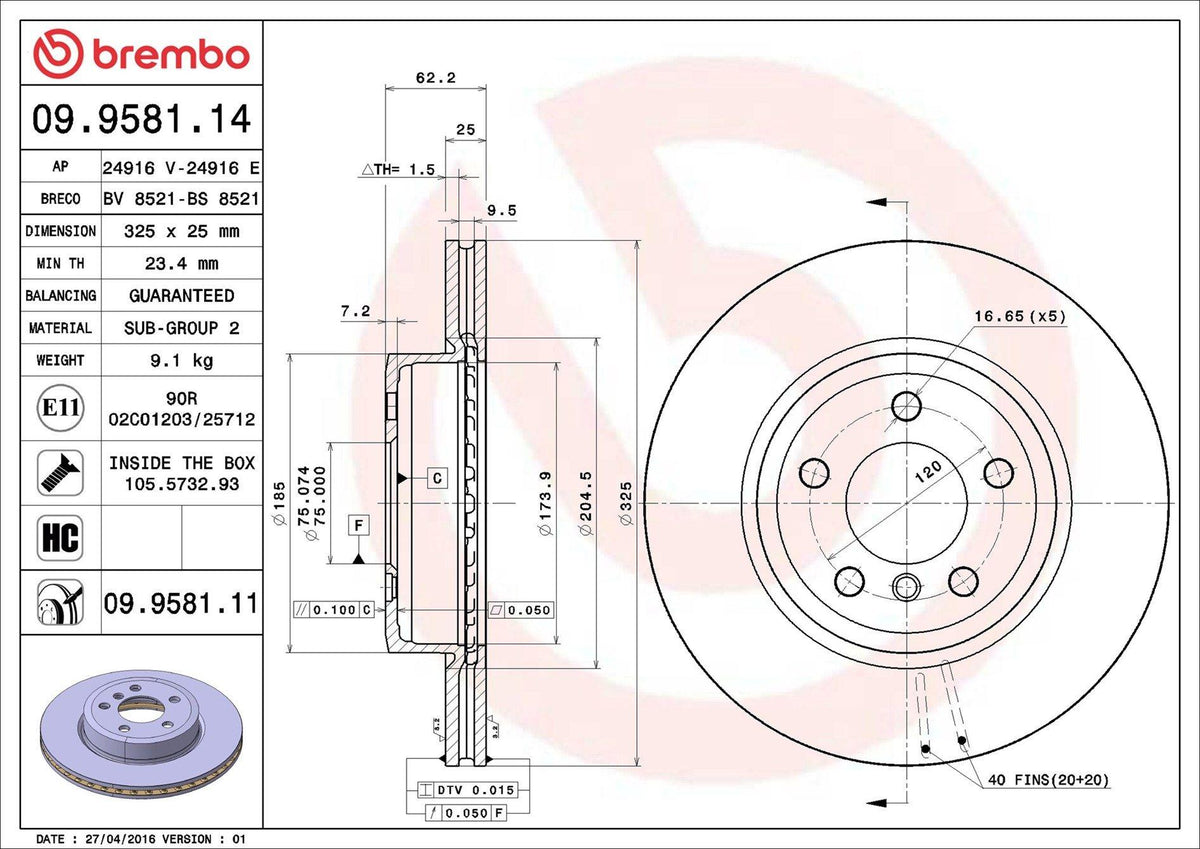 Brembo 09.9581.11 Front Brake Disc BMW X3 E83 Coated — Brake Rotors & Drums