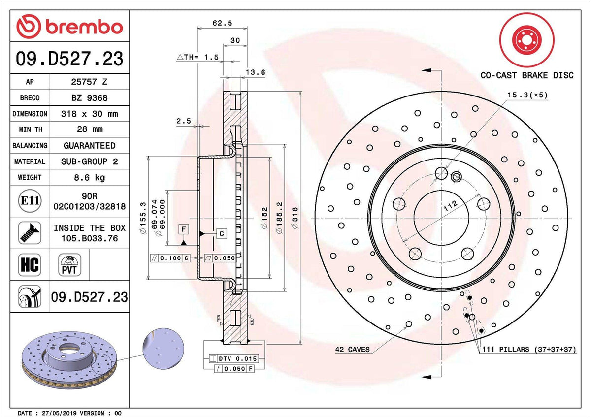 Brembo 09.D527.23 Front Brake Disc Mercedes Diameter 318mm Amg Spor C-Class W205 S205 C205 A205 14-16 — Brake Rotors & Drums