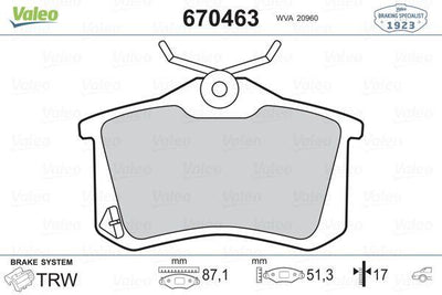 Valeo 670463 Rear Brake Pad 17mm Golf IV-V/Passat 97-05/307/C2/C3/C4/Megane II-III — Brake Pads