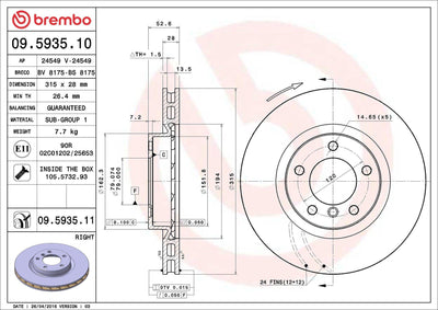 Brembo 09.5935.11 Brake Disc Front UV Coated BMW E36 M3 92-00 Set — Brake Rotors & Drums