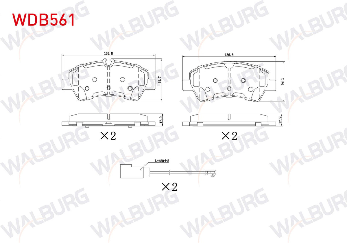 WALBURG WDB561 Brake Pad with Connector Rear Ford Tourneo Custom (V362) 2.2 TDCi 17.6mm 2012 — Brake Pads