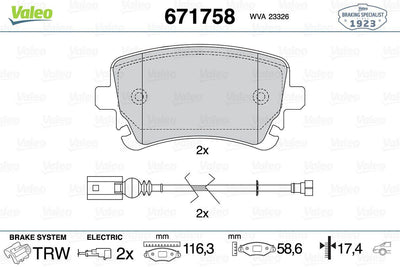 Valeo 671758 Brake Pad Rear 116mm Audi A4/A6/A8 04-08 VW Phaeton 02- — Brake Pads