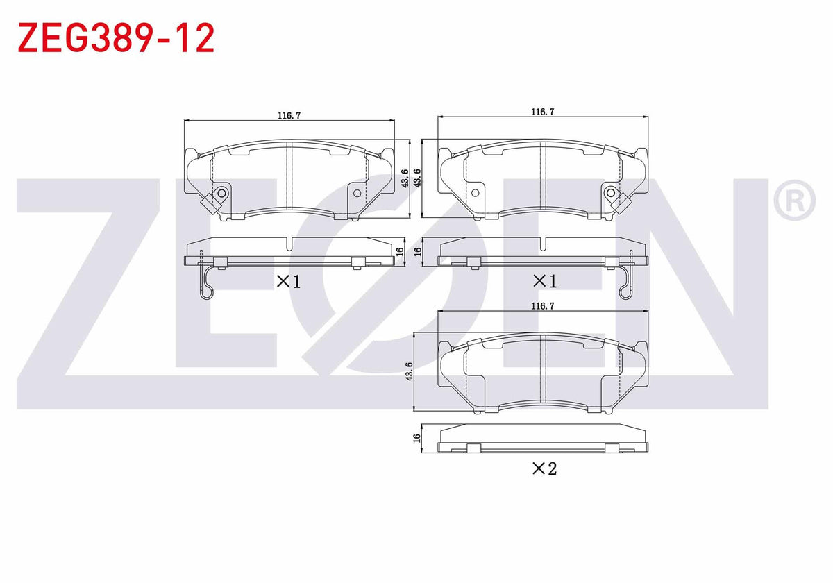 Zegen ZEG389-12 Brake Pad Front with Wear Indicator Suzuki Vitara (Et,Ta) 1.6i 16V 1988-1999 / Vitara (Et,Ta) 1.9 D 1988-1999 / G.Vitara I 2.0 TDI 1998-2003 / 2.0i 1998-2003 / 1.6i 1998-2003 / 2.5 V6 1998