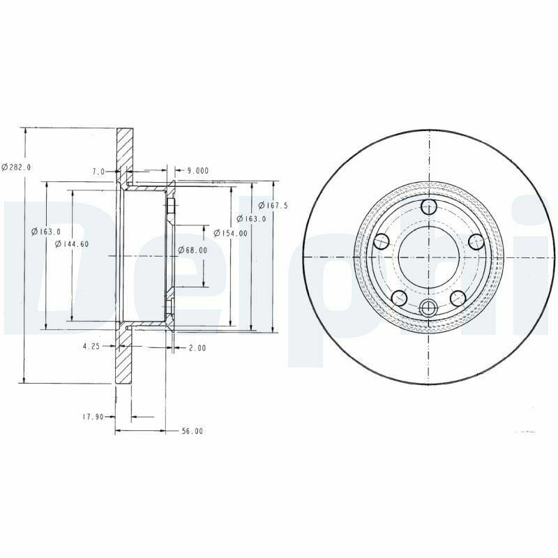 delphi-front-brake-disc, front-view-of-delphi-brake-disc, technical-specifications-of-delphi-brake-disc DELPHI Front Brake Disc - 282mm x 18mm, 5 Studs | VW Transporter 91-96 DELPHI Front Brake Disc - 282mm x 18mm | VW Transporter delphi, front-brake-disc, vw-transporter, braking-system, automotive-parts, vehicle-maintenance, mechanics, ai-generated, brake-parts, disc-brakes