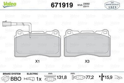 Valeo 671919 Brake Pad Front Alfa Romeo 147 156 159 3.2Jts 2.4Jtdm 05-166 2.0 2.5 3.0 00 Spider 3.2Jts 06 — Brake Pads