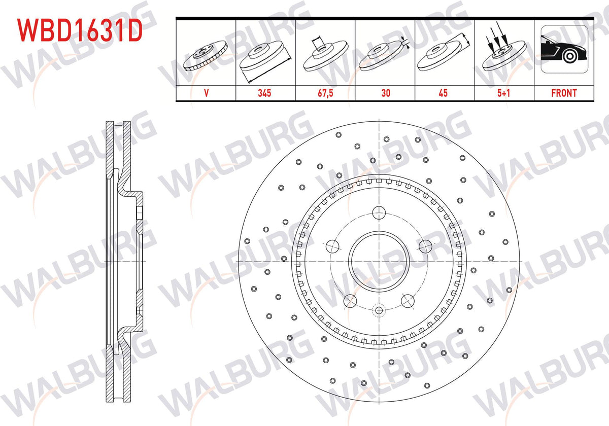 WALBURG WBD1631D Brake Disc Front Air Performance Drilled 5 Bjn 18 Rim 345X30x67,5X45 Opel Insignia B 1.6 CDTi-1.6T-2.0 4X4 GSi 2017-| Set of 2