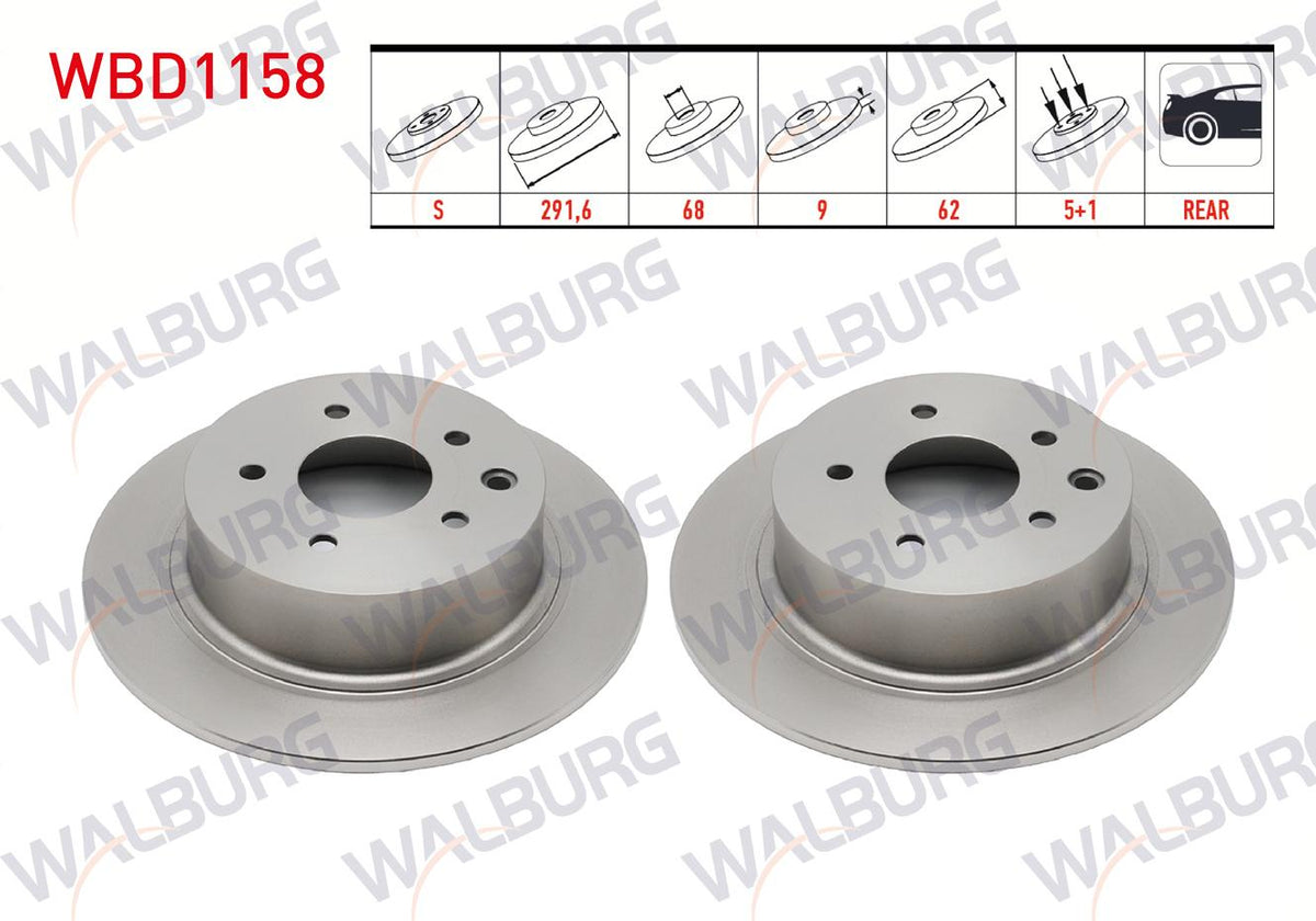 WALBURG WBD1158 Brake Disc Rear Straight 5 Bjn 291,5X9x68x62 Nissan Qashqai (J10) 1.5 dCi 2007-2014 / — Brake Rotors & Drums