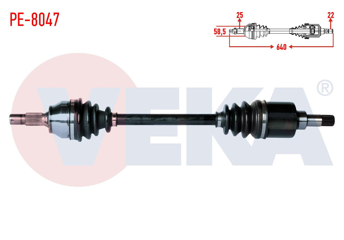 Veka PE-8047 Complete Axle Left Front Peugeot 207 (Wa,Wc) 1.4 HDi Ma Transmission M-T Length 640mm 2006-2012