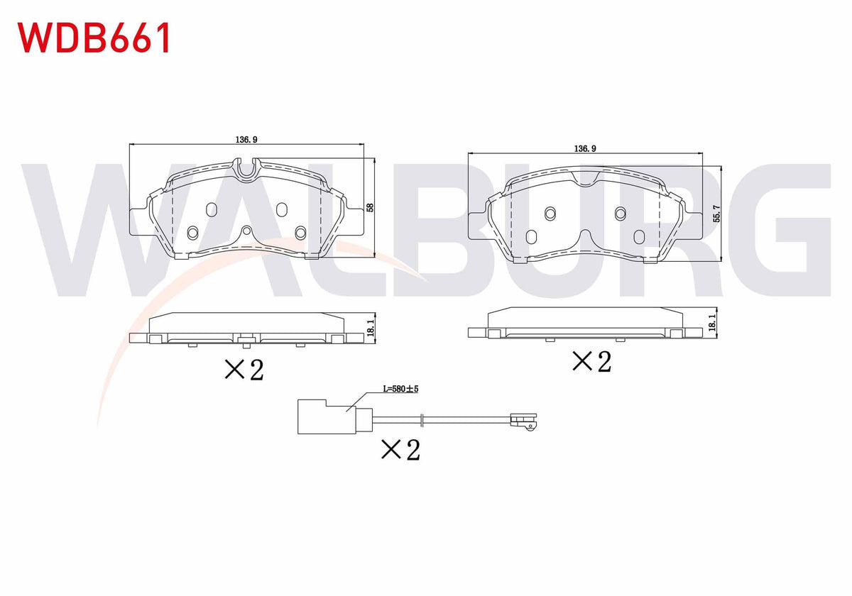 WALBURG WDB661 Brake Pad with Connector Rear Ford Transit (Pair Wheel) 2.2 TDCi 17.00mm 2014 — Brake Pads
