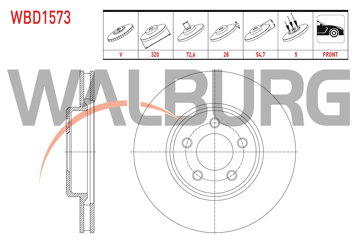WALBURG WBD1573 Brake Disc Front Air 5 Bjn 320X28x72,6X54 — Brake Rotors & Drums