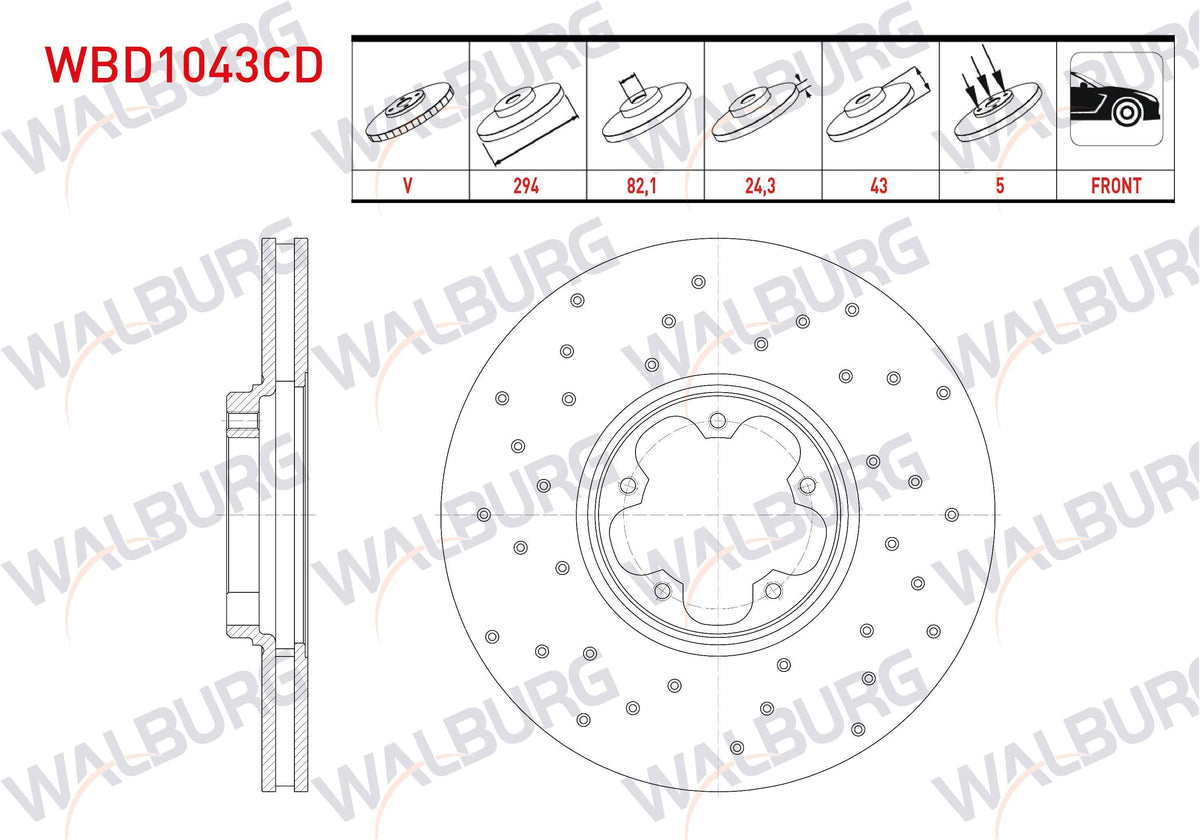 WALBURG WBD1043CD Brake Disc Front Air Coated Performance Drilled 5 Bjn 294X24,3X82,1X43 Ford Transit 2.4 TDCi Rear Wheel Drive 2000-2006 / Transit 2.0 DI 2000-2006 / Transit (V184) 2.3 16V 2