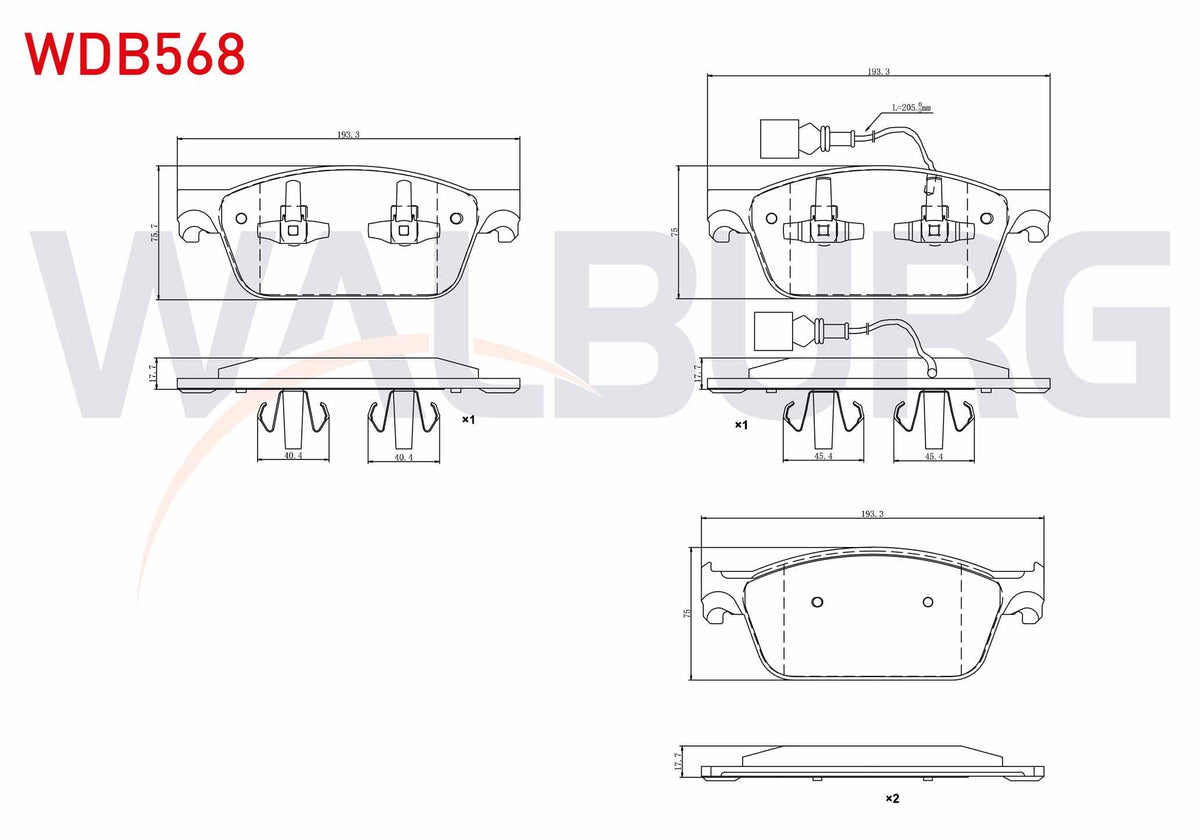 WALBURG WDB568 Brake Pad Front with Connector Volkswagen Transporter VI 2.0 TDI 102 Hp 2009-/ Transporter VI 2.0 TDI BiTDI 180 Hp 2009-/ Transporter VI 2.0 TDI 140 Hp 2009