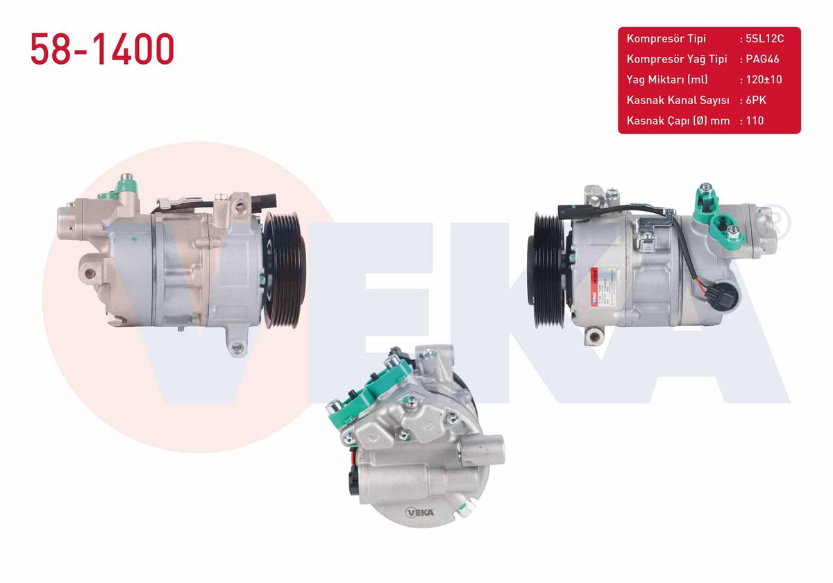 Veka 58-1400 A/C Compressor 6Pk 110mm BMW 1 Series (E81-E87) 116i-118i-120i 2004-2012 / 3 Series (E90) 316i-318i-320i 2005-20