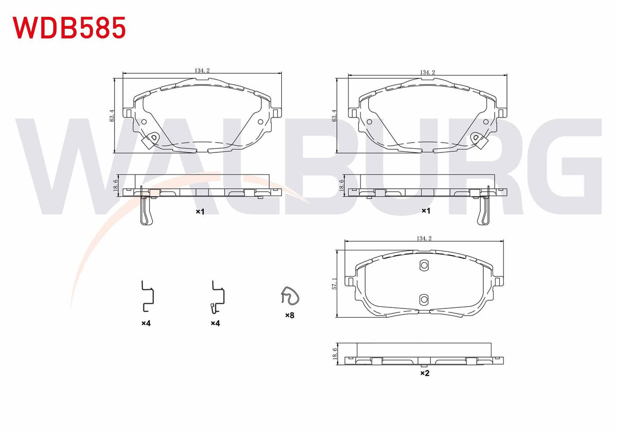 WALBURG WDB585 Brake Pad with Wear Indicator Front Toyota Corolla 1.6 2012-/ Corolla 1.33 2012-/ Corolla 1.4 D-4 — Brake Pads