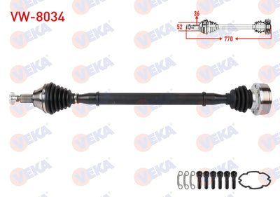 Veka VW-8034 Complete Axle Right Front Volkswagen Polo (6R,6C) 1.4 M-T Length 770mm 2009 — Axles, CV Joints & Boots