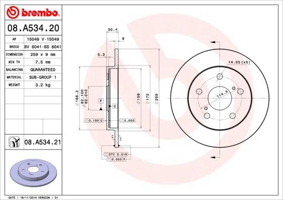 Brembo 08.A534.21 Brake Disc Rear Straight 259mm Toyota Corolla Auris 07-11 1.4-1.6 VVTI — Brake Rotors & Drums