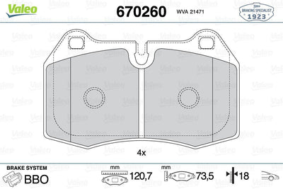Valeo 670260 Brake Pad Front BMW E38 7.28-7.30