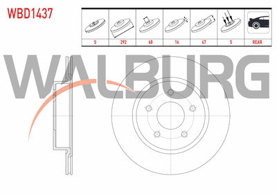 WALBURG WBD1437 Brake Disc Rear Air 5 Bjn 292X16x68x47 Nissan X-Trail 1.6 dCi 2014-/ Nissan Qashqai J1 — Brake Rotors & Drums