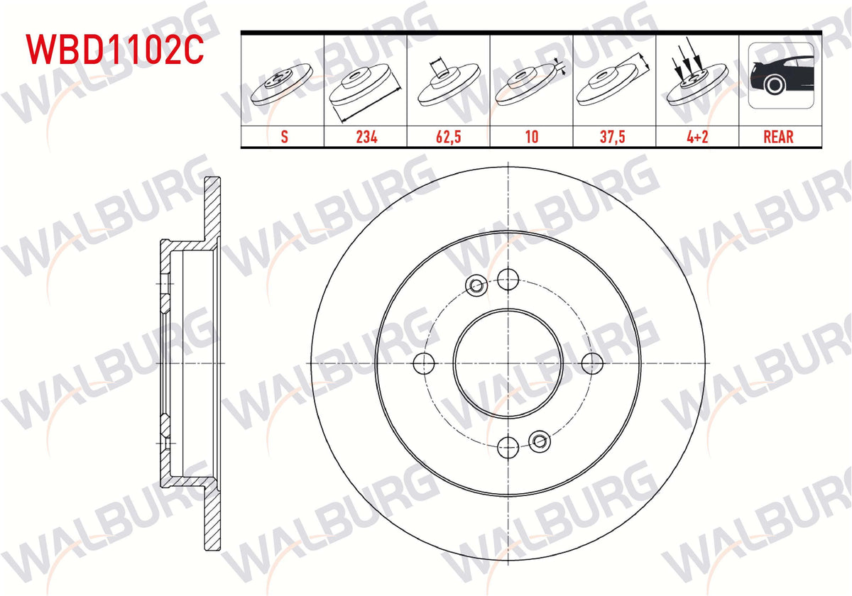 WALBURG WBD1102C Brake Disc Rear Straight Coated 4 Bjn 234X10x62,5X37,5 Hyundai i10 1.1i 12V-1.0 D-Cvvt-1.2 D-Cvvt 13 Rim 2008-2013 / Kia Picanto (Ba) 1.25-1.1i 4 Bjn 2004-2011 | Set of 2