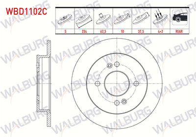 WALBURG WBD1102C Brake Disc Rear Straight Coated 4 Bjn 234X10x62,5X37,5 Hyundai i10 1.1i 12V-1.0 D-Cvvt-1.2 D-Cvvt 13 Rim 2008-2013 / Kia Picanto (Ba) 1.25-1.1i 4 Bjn 2004-2011 | Set of 2