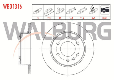 WALBURG WBD1316 Brake Disc Rear Straight 6 Bjn 298X16, 3X85x71 and 2 more models — Brake Rotors & Drums