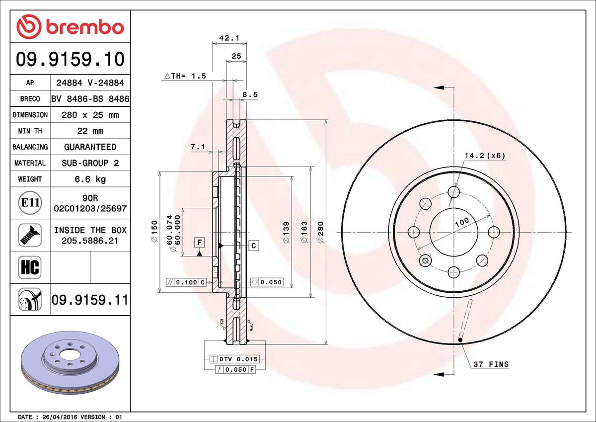 Brembo 09.9159.10 Brake Disc Front Standard Opel — Brake Rotors & Drums